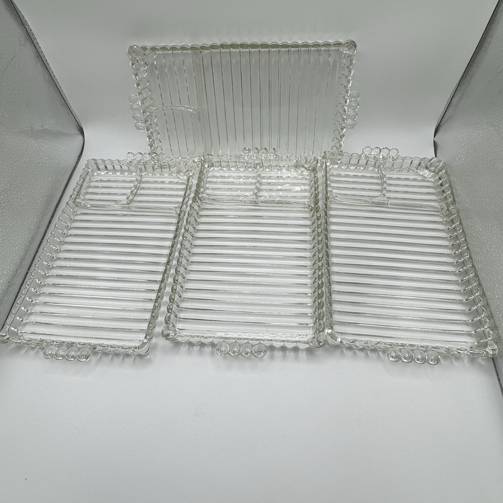Vintage Hazel Atlas Ball & Rib Snack Trays Set 5 Sip N Smoke MCM Glass 11x6